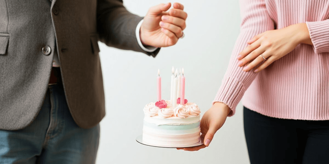 A couple holding a small celebration cake with lit candles