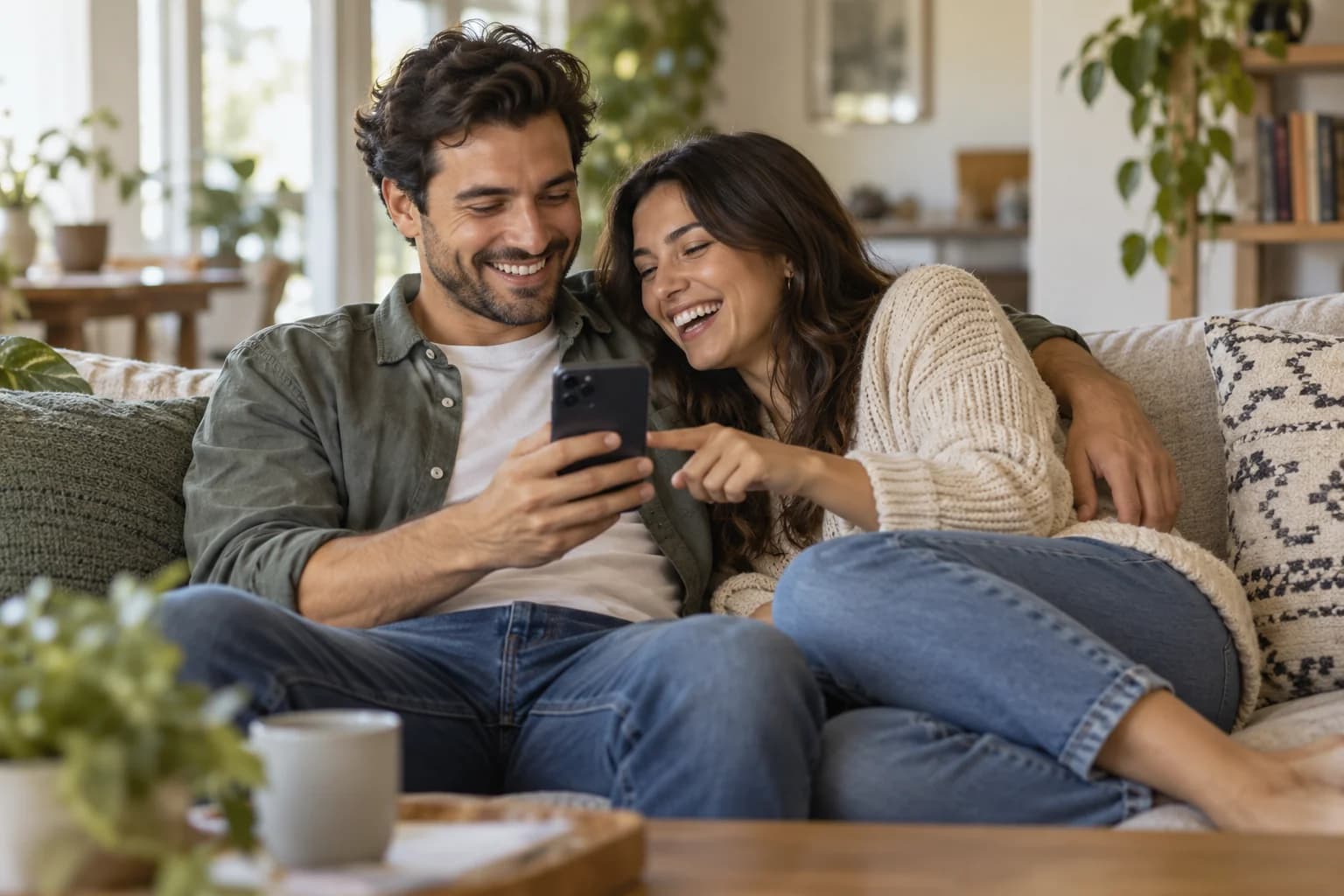 Couple taking a fun couples quiz together on the couch.