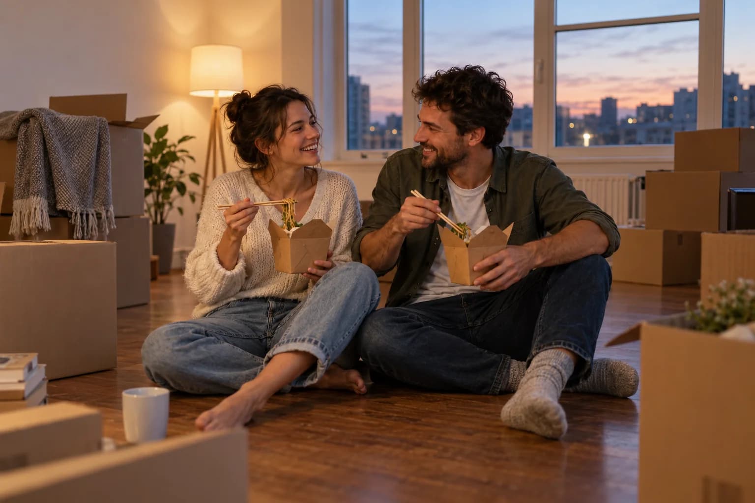 Couple enjoying takeout on the floor of their new apartment.