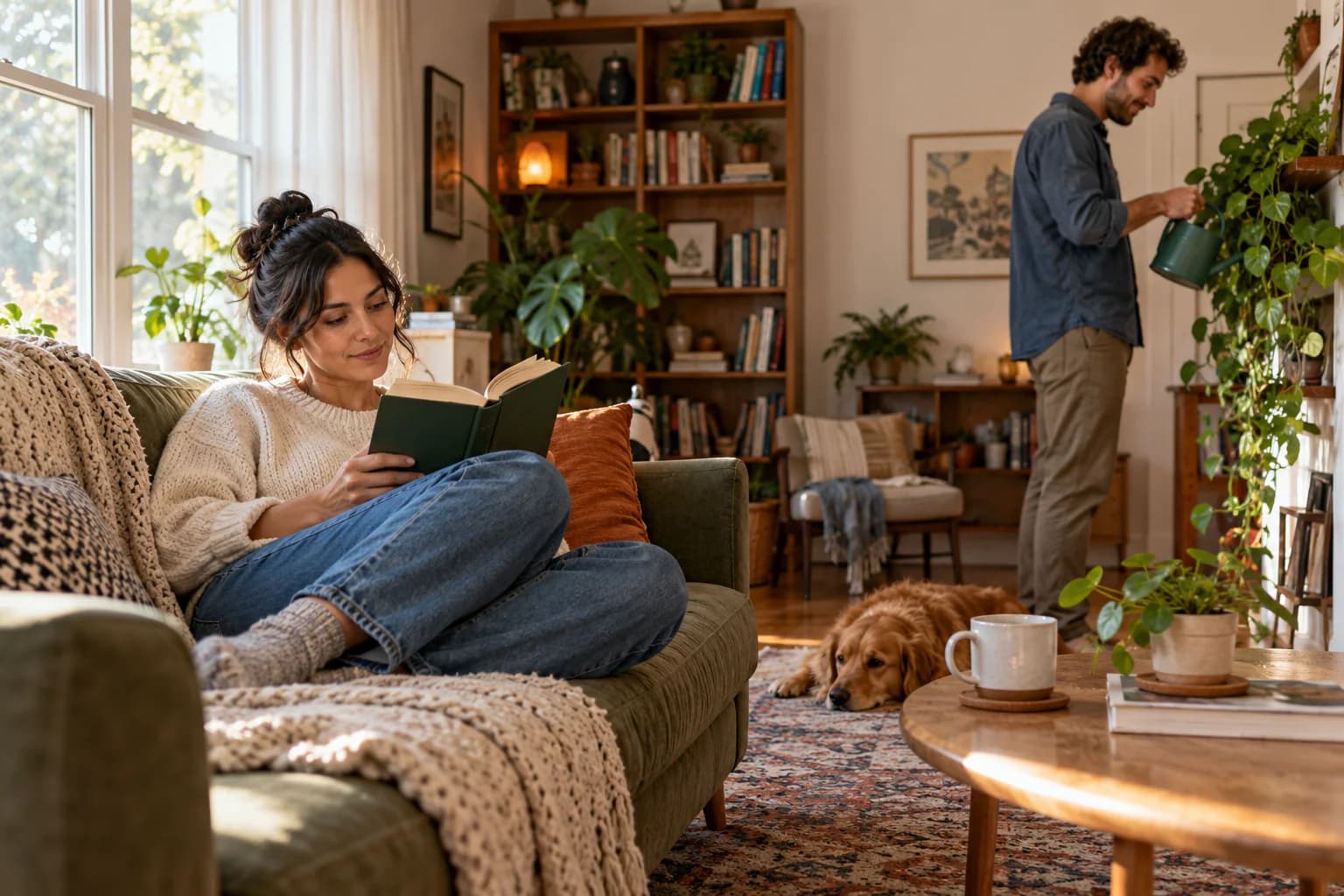 One partner reads on the couch while the other enjoys a separate activity nearby.