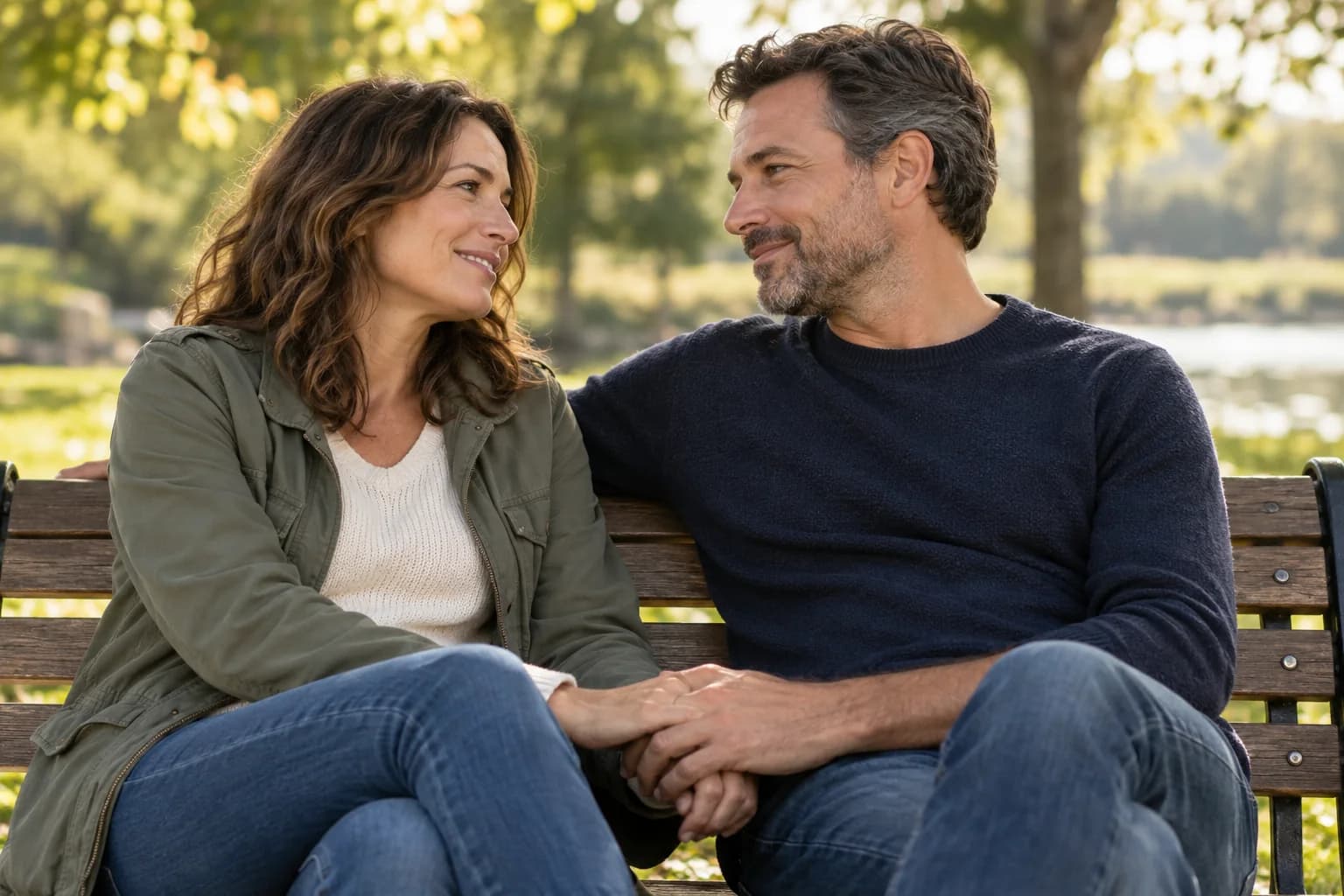 Couple holding hands and talking comfortably on a park bench.