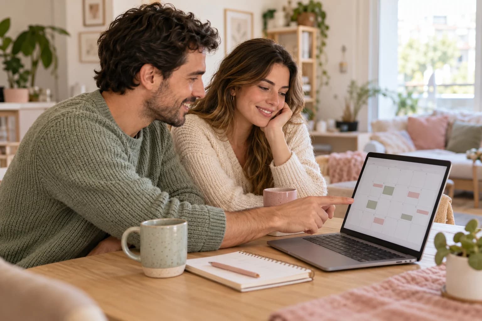 A couple planning their week together using a shared calendar on a laptop
