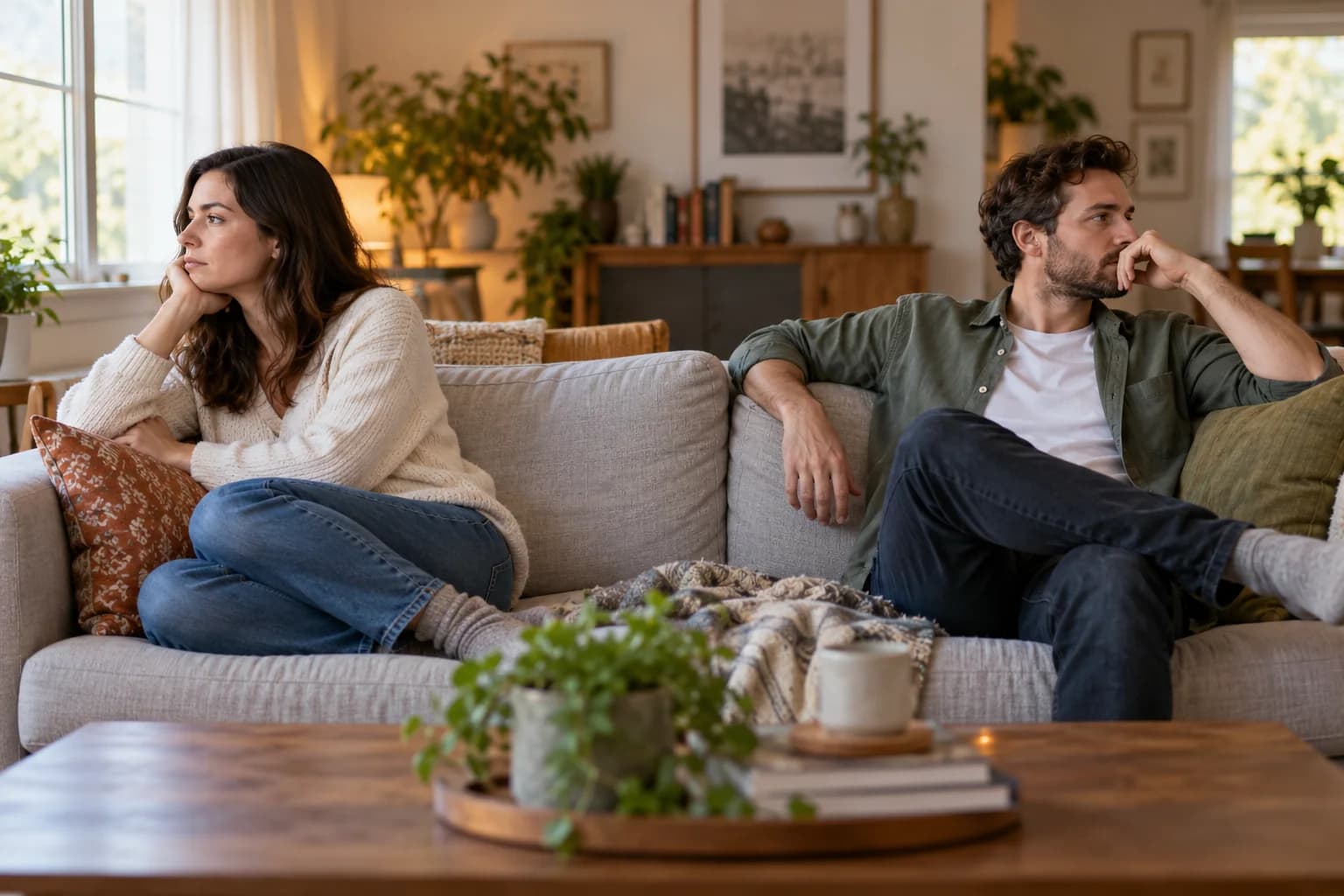 Two partners sitting quietly at opposite ends of a couch after a disagreement.